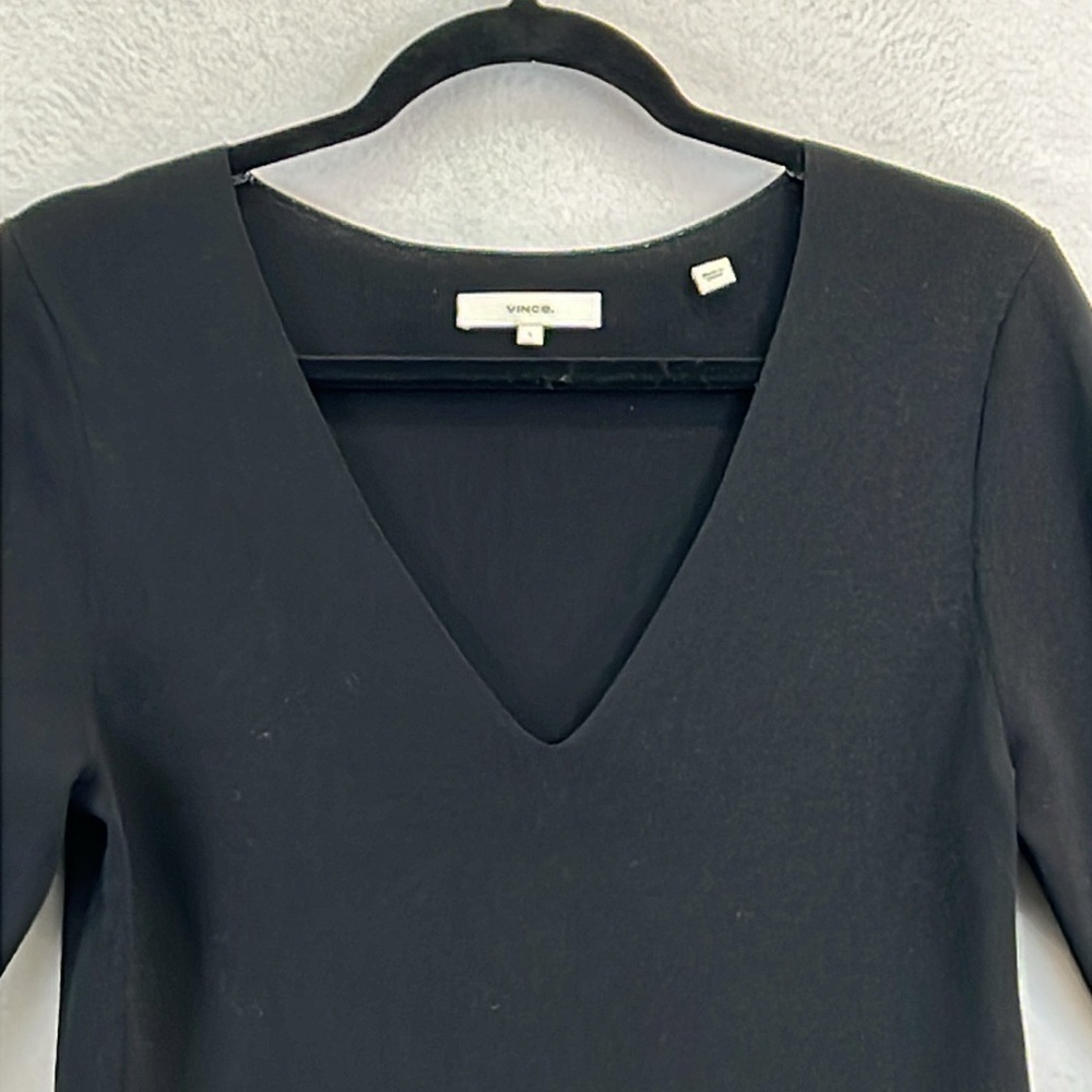 Vince Beautiful Midi Dress Size L Black Fit/Flare Long Sleeve V-Neck Like New - Picture 3 of 12